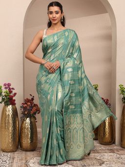 Libas - Teal Woven Design Silk Blend Saree with Unstitched Blouse