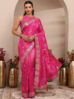 Libas - Pink Woven Design Silk Blend Saree with Unstitched Blouse
