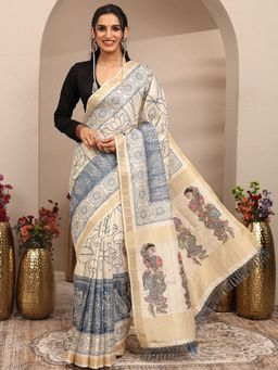 Libas - Blue Printed Silk Blend Saree with Unstitched Blouse