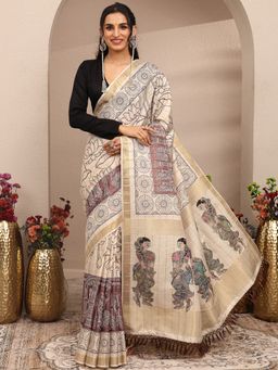 Libas - Brown Printed Silk Blend Saree with Unstitched Blouse