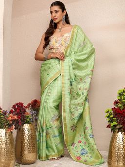 Libas - Green Embroidered Silk Blend Saree with Unstitched Blouse