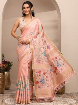 Libas - Peach Embroidered Silk Blend Saree with Unstitched Blouse