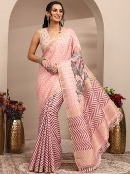 Libas - Pink Embroidered Silk Blend Saree with Unstitched Blouse