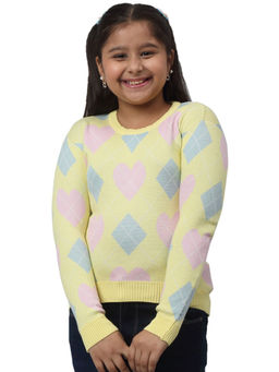 Cantabil - Girls Yellow Printed Full Sleeves Sweater