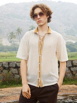 Campus Sutra - Mens Saltbox Beige Retro-Knit Oversized Shirt