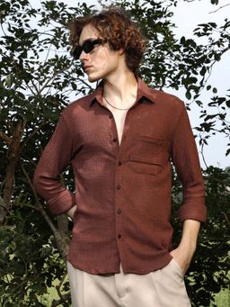 Campus Sutra - Mens Chocolate Brown Textured Tactile-Woven Shirt
