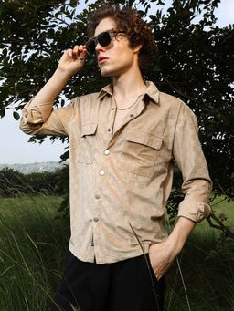 Campus Sutra - Mens Buff Beige Cubic Velvet Utility Shirt