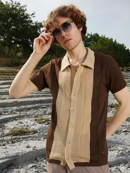 Campus Sutra - Mens Buff Beige Block-Knit Slim-Fit Shirt