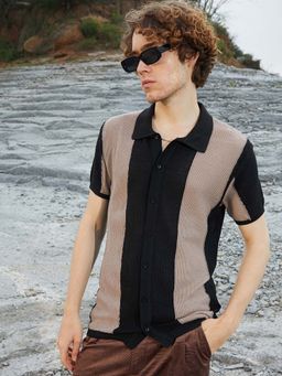 Campus Sutra - Mens Buff Beige Panel-Knit Slim-Fit Shirt