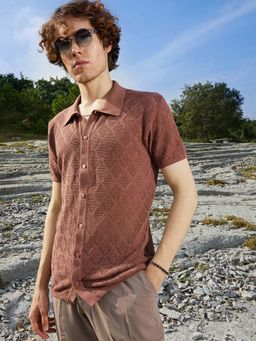 Campus Sutra - Mens Sienna Mauve Rhombus Knit Slim Fit Shirt