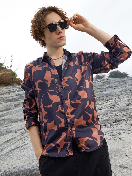 CAHOOT Mens Prussian Blue Botanical Imprint Shirt