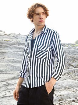 Campus Sutra - Mens Blue Nautical-Stripe Utility Shirt