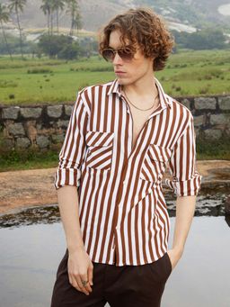 Campus Sutra - Mens Chocolate Brown Nautical-Stripe Utility Shirt