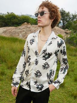 Campus Sutra - Mens Off White Flora-Stamp Shirt