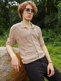 Campus Sutra - Mens Sand Beige Patch-Knit Shirt