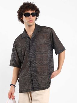 Campus Sutra - Mens Chocolate Black Conoid Knit Oversized Shirt
