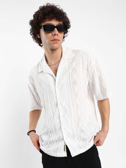Campus Sutra - Mens Daisy White Argyle-Self Design Oversized Shirt