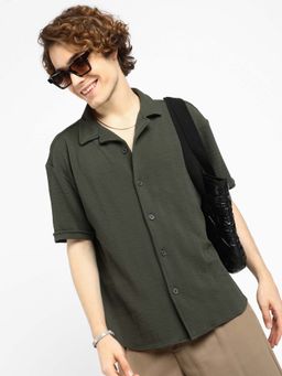 Campus Sutra - Mens Army Green Rope-Textured Regular Shirt