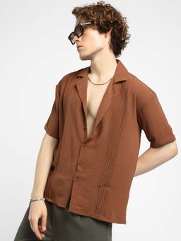 Campus Sutra - Mens Sienna Brown Panel-Pleat Oversized Shirt