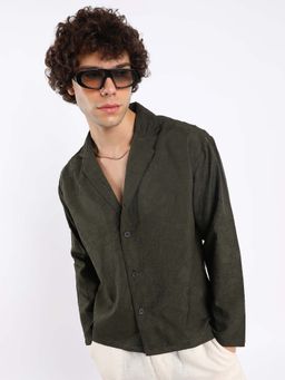 Campus Sutra - Mens Army Green Wrinkled Korean Oversized Shirt