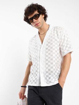 Campus Sutra - Mens Saltbox White Cubic-Ripple Shirt