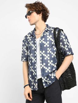 Campus Sutra - Mens Prussian Blue Dice Mesh Oversized Shirt