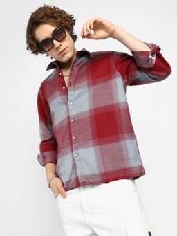 Campus Sutra - Mens Venetian Red Vignette-Checkered Oversized Shirt
