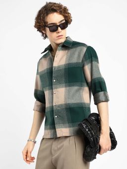 Campus Sutra - Mens Emerald Green Vignette-Checkered Oversized Shirt