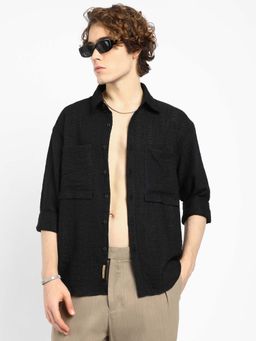 Campus Sutra - Mens Midnight Black Straw Tactile Utility Regular Shirt