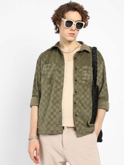 Campus Sutra - Mens Green Cubic Velvet Utility Shirt