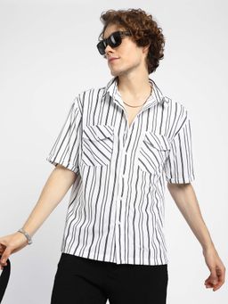 Campus Sutra - Mens Daisy White Halo-Striped Utility Shirt