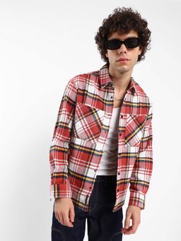 Campus Sutra - Mens Venetian Red Tartan Plaid Utility Shirt