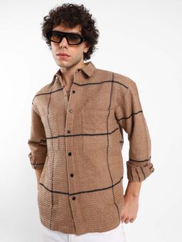 Campus Sutra - Mens Ash Brown Graph-Check Waffle Shirt
