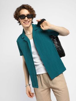 Campus Sutra - Mens Teal Self-Design Creased Striped Shirt