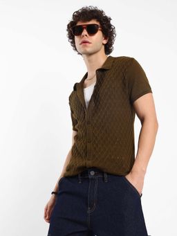 Campus Sutra - Mens Mocha Brown Harlequin-Self Design Knit Shirt