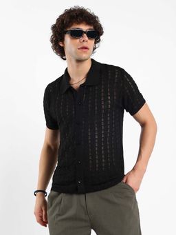 Campus Sutra - Mens Onyx Black Spear-Knit Slim-Fit Shirt