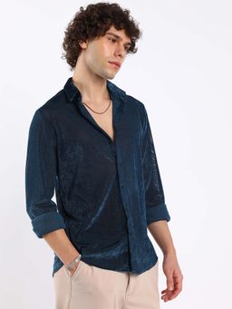 Campus Sutra - Mens Midnight Teal Textured Velvet Shirt