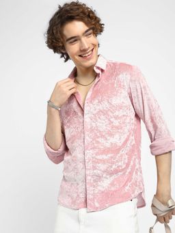 Campus Sutra - Mens Blush Pink Solid Velvet Shirt