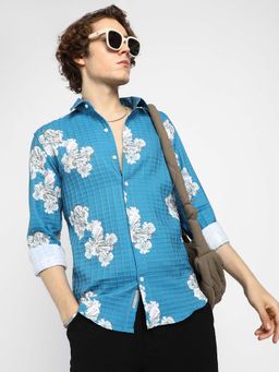 Campus Sutra - Mens Sky Blue Hibiscus-Waffle Shirt