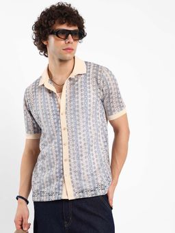 Campus Sutra - Mens Powder Cream Ditsy Self Design Knit Shirt