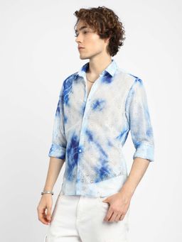 Campus Sutra - Mens Royal White Tie-Dye Textured Shirt