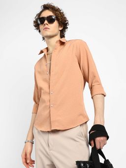 Campus Sutra - Mens Cantaloupe Orange Ruche-Textured Shirt