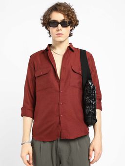 Campus Sutra - Mens Terracotta Red Relaxed Utility Shirt