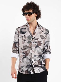 Campus Sutra - Mens Saltbox Beige Artistic Foliage Shirt