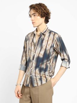 Campus Sutra - Mens Multi-Color Ochre Tie-Dye Striped Shirt