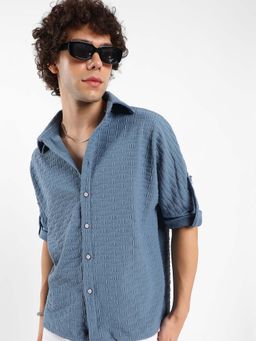 Campus Sutra - Mens Steel Blue Wave-Tactile Relaxed Shirt