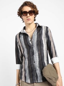Campus Sutra - Mens Prussian Multi-Color Brushed-Stripe Shirt