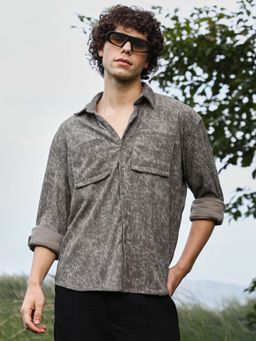 Campus Sutra - Mens Ash Grey Faded Corduroy Regular Shirt