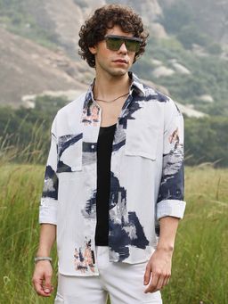 Campus Sutra - Mens Prussian White Ethereal Strokes Oversized Shirt