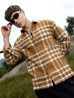 Campus Sutra - Mens Ash Brown Checkered Utility Shirt